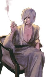 Rule 34 | 1girl, breasts, chainsaw man, cigarette, eyepatch, highres, holding, holding cigarette, japanese clothes, kimono, long hair, medium breasts, ponytail, quanxi (chainsaw man), simple background, smoking, solo, sudstance, white hair