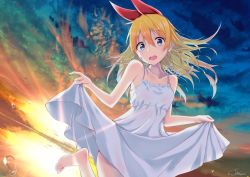 Rule 34 | 1girl, bare arms, bare shoulders, blonde hair, blue eyes, cac itinose, collarbone, commentary request, dress, dutch angle, frilled dress, frills, hair between eyes, hair ribbon, highres, horizon, kirisaki chitoge, long hair, looking at viewer, nisekoi, open mouth, outdoors, red ribbon, ribbon, salar de uyuni, signature, skirt hold, sleeveless, sleeveless dress, solo, standing, standing on one leg, sunset, teeth, touyama nao, upper teeth only, water drop, white dress