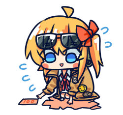 Rule 34 | 1girl, :d, ahoge, badge, banknote, blue eyes, blush stickers, brown jacket, button badge, chibi, chinese commentary, commentary request, eyewear on head, flying sweatdrops, girls&#039; frontline, hair between eyes, hair ribbon, highres, jacket, kalina (girls&#039; frontline), long hair, looking down, money, neck ribbon, official art, open mouth, orange hair, red ribbon, ribbon, seiza, shirt, side ponytail, simple background, sitting, smile, solo, su xiao jei, sunglasses, white background, white shirt