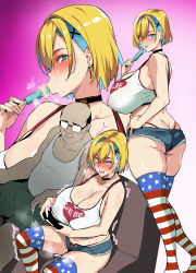 Rule 34 | 1boy, 1girl, :&gt;=, absurdres, after fingering, age difference, american flag legwear, ass, bald, blonde hair, blue eyes, blue hair, blush, breasts, bulge, butt crack, choker, cleavage, controller, covered erect nipples, denim, denim shorts, earrings, erection, erection under clothes, female pubic hair, food, glasses, gluteal fold, hair ornament, heart, heart-shaped choker, heart-shaped pupils, highleg, highleg panties, highres, homestay ntr (takeda hiromitsu), huge breasts, ice cream, jewelry, lipstick, looking at viewer, makeup, medium hair, micro shorts, mira (homestay ntr), multicolored hair, multiple views, netorare, non-web source, open fly, open mouth, panties, popsicle, pubic hair, pubic hair peek, pussy juice, pussy juice on hand, pussy juice on legs, saliva, sexually suggestive, shirt, short shorts, shorts, sitting, sleeveless, sleeveless shirt, sweat, symbol-shaped pupils, tagme, takeda hiromitsu, tank top, thick thighs, thighhighs, thighs, two-tone hair, underwear, white shirt