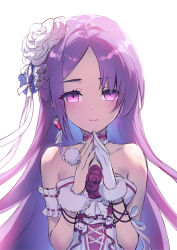 Rule 34 | 1girl, choker, colored eyelashes, destiny child, dress, earrings, empty eyes, flower, fur trim, gloves, hair ornament, highres, hisasi, jewelry, long hair, looking at viewer, own hands together, pink eyes, pom pom (clothes), purple hair, ribbon, ring, saturn (destiny child), simple background, single earring, single glove, sleeveless, sleeveless dress, smile, solo, upper body, white background, white dress, white gloves