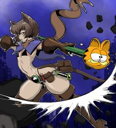Rule 34 | absurdres, animal ears, bikini, boots, breasts, brown eyes, brown hair, cape, cat ears, cat girl, cat tail, clumzor, garfield, gloves, highres, leather, leather boots, micro bikini, nathy, petite, short hair, small breast, small breasts, swimsuit, tail, thighs, tool belt