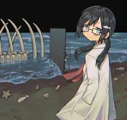 Rule 34 | 1girl, beach, black-framed eyewear, black hair, blue eyes, blush, closed mouth, door, expressionless, fossil, glasses, hand in pocket, highres, lab coat, long hair, long sleeves, looking at viewer, low twintails, necktie, night, outdoors, rectangular eyewear, red necktie, rnfhv, seashell, shell, shimeji simulation, solo, starfish, tsukishima mina, twintails