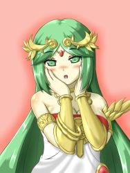 Rule 34 | 1girl, :o, armlet, blush, breasts, choker, cleavage, dress, fingernails, forehead jewel, gem, green eyes, green hair, hands on own face, jewelry, kid icarus, kid icarus uprising, large breasts, long hair, namaixy, necklace, nintendo, palutena, parted bangs, pendant, side slit, solo, staff, strapless, strapless dress, surprised, swept bangs, tiara, vambraces, very long hair