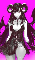 Rule 34 | 1girl, bare shoulders, between breasts, black dress, black hair, breasts, cleavage, collar, collarbone, demon girl, demon tail, demon wings, dress, fingernails, greyscale, greyscale with colored background, highres, horns, jun (navigavi), large breasts, long fingernails, long hair, looking at viewer, medium breasts, monochrome, original, parted lips, purple background, red eyes, sharp fingernails, simple background, slit pupils, smile, solo, spot color, steam, tail, very long fingernails, wings