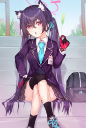 Rule 34 | 1girl, absurdres, animal ears, bag, black hair, blazer, blue archive, bow, cat ears, cat girl, cat teaser, chestnut mouth, commentary request, crossed legs, extra ears, hair between eyes, hair bow, hair ribbon, halo, hand on own hip, head tilt, highres, holding, jacket, long hair, long sleeves, looking at viewer, necktie, pizza (pizzania company), plaid, plaid skirt, pleated skirt, red eyes, ribbon, school bag, school uniform, serika (blue archive), sidelocks, sitting, sitting on stairs, skirt, solo, stairs, twintails, two-tone gloves