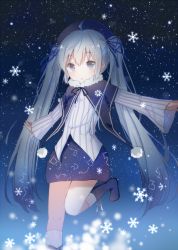 Rule 34 | 1girl, bad id, bad pixiv id, blue hair, blue ribbon, dress, hair ribbon, hatsune miku, highres, leg up, long hair, long sleeves, mimengfeixue, night, night sky, outstretched arms, ribbon, sky, snowflakes, solo, spread arms, star (sky), starry sky, twintails, very long hair, vocaloid
