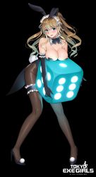 Rule 34 | 1girl, animal ears, bare shoulders, blonde hair, blue eyes, blush, bow, breasts, rabbit ears, rabbit tail, cleavage, detached collar, dice, elbow gloves, fake animal ears, full body, gloves, high heels, highres, holding, kiyosumi shirabaki, large breasts, long hair, looking at viewer, maid headdress, open mouth, oversized object, pantyhose, playboy bunny, re:shimashima, simple background, solo, standing, tail, thigh strap, tokyo exe girls