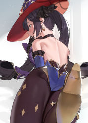 Rule 34 | 1girl, absurdres, ass, bare shoulders, black choker, black gloves, black pantyhose, blush, choker, detached sleeves, earrings, finger to mouth, foot up, from behind, genshin impact, gloves, green eyes, hat, highres, jewelry, long hair, long sleeves, looking at viewer, looking back, lying, mona (genshin impact), on stomach, pantyhose, print pantyhose, red hat, shoe soles, solo, sparkle print, subachi, twintails, very long hair, witch hat, yellow footwear