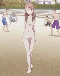 Rule 34 | 10s, 1girl, 5boys, arms behind back, barefoot, beach, breasts, brown eyes, brown hair, clothed male nude female, collarbone, drill hair, exhibitionism, groin, hanasaku iroha, highres, hip focus, light smile, long hair, looking at viewer, medium breasts, multiple boys, navel, nipples, nude, nude filter, nudist, open mouth, outdoors, public indecency, pussy, screencap, smile, stairs, standing, thigh gap, third-party edit, tree, uncensored, wakura yuina, zenra