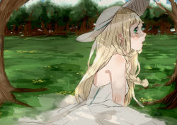 Rule 34 | 1girl, absurdres, bad id, bad twitter id, bare arms, blonde hair, braid, breasts, creatures (company), day, dress, flower, forest, game freak, grass, green eyes, hat, highres, lillie (pokemon), nature, nintendo, open mouth, outdoors, pokemon, pokemon sm, profile, sleeveless, sleeveless dress, small breasts, solo, sun hat, sundress, tree, twin braids, white dress, white hat, yuuzora yurato