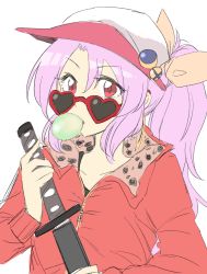 Rule 34 | 1girl, bow, blowing bubbles, chewing gum, collar, contemporary, earrings, glasses, hair bow, hat, heart, heart-shaped eyewear, heart-shaped glasses, heart-shaped sunglasses, highres, jacket, jewelry, light purple hair, looking at viewer, mana (gooney), ponytail, red eyes, short hair, sketch, solo, studded collar, sunglasses, sword, touhou, upper body, watatsuki no yorihime, weapon