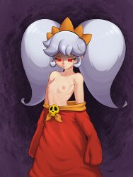Rule 34 | 1girl, absurdres, arms at sides, ashley (warioware), big hair, breasts, breasts out, closed mouth, clothes down, collarbone, dress, eyelashes, female focus, flat chest, hairband, highres, long dress, long hair, long sleeves, looking down, nintendo, nipples, no pupils, orange hairband, red dress, red eyes, sidelocks, sleepiitreat, solo, standing, twintails, warioware, white hair