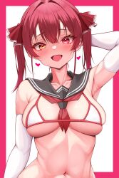 Rule 34 | 1girl, :d, absurdres, amaki daisuke, bikini, blush, breasts, elbow gloves, fang, gloves, heart, heterochromia, highres, hololive, houshou marine, large breasts, long hair, looking at viewer, navel, neckerchief, open mouth, red eyes, red hair, red neckerchief, smile, solo, stomach, swimsuit, twintails, upper body, virtual youtuber, white gloves, yellow eyes