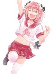 Rule 34 | 1boy, astolfo (fate), astolfo (sailor paladin) (fate), black bow, bow, braid, fang, fate/apocrypha, fate/grand order, fate (series), hair ribbon, highres, jyouwan, male focus, neckerchief, official alternate costume, pink hair, pleated skirt, purple eyes, red sailor collar, ribbon, sailor collar, school uniform, serafuku, single braid, skirt, thighhighs, trap