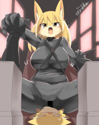 Rule 34 | 1boy, 1girl, animal ears, bar censor, black bodysuit, black gloves, blonde hair, blush, bodysuit, breasts, censored, commentary request, feet out of frame, fox ears, furry, furry female, gloves, interlocked fingers, large breasts, lets0020, long hair, nose blush, one-hour drawing challenge, open mouth, original, size difference, teeth, translation request, upper teeth only, v-shaped eyebrows