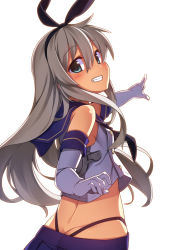 Rule 34 | 10s, 1girl, ass, blue eyes, blush, butt crack, clenched teeth, elbow gloves, gloves, grey hair, hairband, highres, kantai collection, long hair, looking at viewer, racer (magnet), shimakaze (kancolle), simple background, skirt, solo, teeth, white background, white gloves