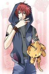 Rule 34 | 1boy, bear, bored, celtic cross, cross, cross necklace, hood, hoodie, jacket, jewelry, latin cross, male focus, necklace, ring, solo, standing, stuffed animal, stuffed toy, tattoo, teddy bear, tiger, torn clothes, yawning