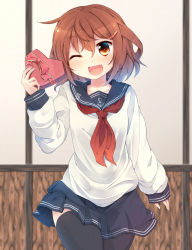 Rule 34 | 10s, 1girl, bad id, bad pixiv id, black thighhighs, candy, chocolate, chocolate heart, fang, food, fuuen (akagaminanoka), gift wrapping, hair ornament, hairclip, heart, ikazuchi (kancolle), kantai collection, long sleeves, neckerchief, one eye closed, open mouth, pleated skirt, red neckerchief, school uniform, serafuku, shirt, skirt, smile, solo, thighhighs, valentine, zettai ryouiki