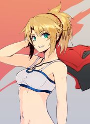 Rule 34 | 1girl, blonde hair, bra, breasts, collarbone, fate/apocrypha, fate (series), green eyes, grey bra, grin, hair between eyes, hair ornament, hair scrunchie, high ponytail, holding, holding clothes, holding jacket, jacket, unworn jacket, jewelry, long hair, looking at viewer, medium breasts, midriff, mordred (fate), mordred (fate/apocrypha), mordred (memories at trifas) (fate), navel, necklace, open clothes, open jacket, sasakure sasaru, scrunchie, sidelocks, smile, solo, standing, stomach, underwear, upper body