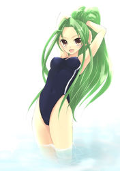 Rule 34 | 00s, 1girl, arms behind head, arms up, breasts, competition swimsuit, fang, green hair, long hair, one-piece swimsuit, ponytail, sakurai unan, single vertical stripe, solo, suzumiya haruhi no yuuutsu, swimsuit, tsuruya, very long hair, wading, water