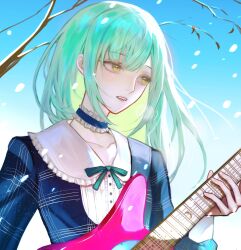 Rule 34 | 1girl, absurdres, bang dream!, bang dream! it&#039;s mygo!!!!!, blue choker, blue dress, blue sky, branch, chinese commentary, choker, commentary request, dress, electric guitar, frilled choker, frills, green hair, green ribbon, guitar, highres, holding, holding guitar, holding instrument, instrument, long hair, neck ribbon, outdoors, parted lips, playing guitar, ribbon, sky, snowing, solo, tianzhongdouyi1, upper body, wakaba mutsumi, yellow eyes