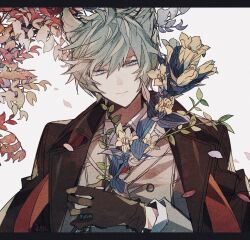Rule 34 | 1boy, animal ears, blue eyes, bouquet, branch, brown jacket, commentary, commentary request, cowboy shot, erune, expressionless, falling petals, flower, formal, gloves, granblue fantasy, grey hair, hair between eyes, highres, holding, holding bouquet, jacket, jacket on shoulders, light frown, male focus, messy hair, misato karuha, necktie, nehan (granblue fantasy), petals, red necktie, scar, scar on arm, short hair, solo, suit, upper body, white background, wolf ears