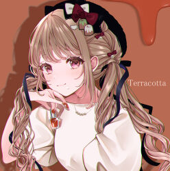 Rule 34 | 1girl, beret, black bow, black hat, black ribbon, blush, bottle, bow, breasts, brown background, brown hair, brown nails, closed mouth, commentary request, drop shadow, hair ribbon, hand up, hat, highres, holding, holding bottle, long hair, looking at viewer, low twintails, medium breasts, nail polish, original, puffy short sleeves, puffy sleeves, puracotte, red bow, red eyes, ribbon, shirt, short sleeves, smile, solo, twintails, upper body, very long hair, white bow, white shirt