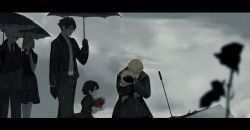 Rule 34 | 3boys, 3girls, aged down, black dress, black gloves, black hair, black jacket, black neckwear, black pants, black umbrella, blonde hair, blurry, blurry foreground, bouquet, child, clenched teeth, cloud, cloudy sky, collarbone, collared shirt, comforting, commentary, crying, depth of field, dishwasher1910, dress, father and daughter, flower, funeral, glasses, gloves, glynda goodwitch, grave, hand up, holding, holding bouquet, holding umbrella, hug, jacket, letterboxed, long hair, low twintails, mourning, multiple boys, multiple girls, necktie, niece, open clothes, open jacket, outdoors, overcast, ozpin, pants, parted lips, professor ozpin, profile, puffy short sleeves, puffy sleeves, qrow branwen, rain, red flower, rose, ruby rose, rwby, sad, shirt, short hair, short sleeves, siblings, silver hair, sisters, skirt, sky, taiyang xiao long, teeth, twintails, umbrella, uncle, uncle and niece, white shirt, yang xiao long