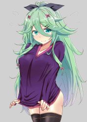 Rule 34 | 1girl, alternate costume, black ribbon, black thighhighs, blue eyes, blush, breasts, chan (akuty ikkot), commentary request, cosplay, covered erect nipples, eromanga sensei, flying sweatdrops, green hair, hair between eyes, hair ornament, hair ribbon, hairclip, highres, izumi sagiri, izumi sagiri (cosplay), kantai collection, large breasts, long hair, looking at viewer, no panties, ponytail, ribbon, solo, thighhighs, thighs, very long hair, yamakaze (kancolle)