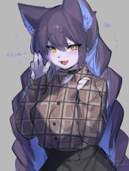 Rule 34 | 1girl, :d, animal ears, animal nose, black choker, black hair, blue background, blue hair, blush, buttons, cat ears, cat girl, character request, choker, collared shirt, furry, furry female, haruki no saidai no teki wa risei., highres, long hair, looking at viewer, multicolored hair, open mouth, plaid, plaid shirt, shirt, simple background, sleeves past wrists, smile, solo, suurin (ksyaro), translation request, unmoving pattern, very long hair, yellow eyes