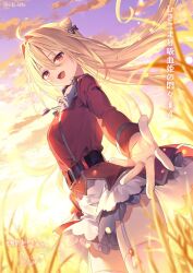 Rule 34 | 1girl, blonde hair, breasts, cloud, cloudy sky, commentary request, crop top, dress, floating hair, high collar, hikikomari kyuuketsuki no monmon, long hair, looking at viewer, medium breasts, official art, outdoors, outstretched arm, partial commentary, red dress, red eyes, riichu, skirt, sky, solo, sunset, terakomari gandezblood, thighhighs, white skirt, white thighhighs, zettai ryouiki