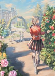 Rule 34 | 1girl, alternate hairstyle, arch, arm behind back, bare legs, between breasts, black skirt, blue flower, blue rose, blue sky, boots, breasts, building, buttons, castle, chair, cloud, cloudy sky, commentary, eyelashes, fate/grand order, fate (series), floral arch, florence nightingale (fate), flower, full body, gloves, hair up, hand up, highres, jacket, long sleeves, looking to the side, makitoshi0316, medium breasts, military, military uniform, outdoors, pantyhose, pink flower, pink rose, pleated skirt, red eyes, red flower, red jacket, red rose, rose, rose bush, shadow, skirt, sky, smile, solo, strap, strap between breasts, table, thigh boots, thighhighs, uniform, white footwear, white gloves, white hair, white pantyhose, yellow flower, yellow rose