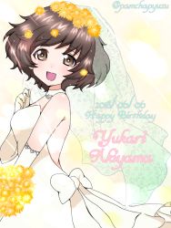 Rule 34 | 10s, 1girl, :d, akiyama yukari, backless dress, backless outfit, bouquet, bridal veil, brown eyes, brown hair, character name, choker, commentary, dated, dress, elbow gloves, english text, flower, from side, girls und panzer, gloves, hair flower, hair ornament, happy birthday, holding, holding bouquet, long dress, looking at viewer, messy hair, open mouth, pamchapyuzu, short hair, smile, solo, standing, strapless, strapless dress, twitter username, veil, wedding dress, white choker, white dress, white gloves