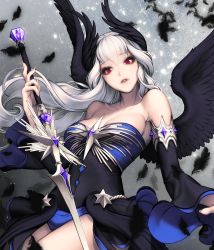 Rule 34 | 1girl, alternate costume, black wings, breasts, card (medium), chaos online, cowboy shot, feathered wings, feathers, head wings, large breasts, long hair, looking at viewer, love cacao, official art, parted lips, red eyes, sheryl (chaos online), smile, solo, sword, weapon, white hair, wings