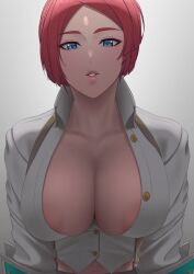 Rule 34 | 1girl, absurdres, areola slip, blue eyes, breasts, cleavage, collared jacket, commentary request, giovanna (guilty gear), gradient background, guilty gear, highres, jacket, large breasts, looking at viewer, mixed-language commentary, parted lips, putcher, red hair, short hair, simple background, solo, upper body, white jacket