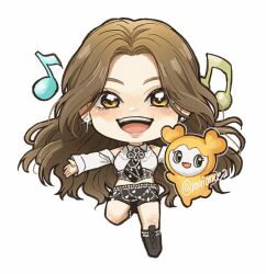 Rule 34 | 1girl, animification, black footwear, black necktie, black shorts, brown hair, chibi, commentary, creature, detached sleeves, earrings, english commentary, glint, jewelry, jihyo (twice), jively (twice), k-pop, long hair, maionce21, musical note, necktie, open mouth, parted bangs, real life, shirt, shorts, sleeveless, sleeveless shirt, smile, solo, third-party source, twice (group), twitter username, very long hair, white background, white shirt
