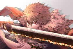 Rule 34 | 1boy, @ (symbol), artist name, bakugou katsuki, bare arms, blonde hair, boku no hero academia, cape, commentary, fur trim, gloves, hair between eyes, holding, looking at viewer, male focus, red eyes, ryuwen, short hair, shoulder tattoo, solo, spiked hair, sword, tattoo, torn clothes, v-shaped eyebrows, weapon
