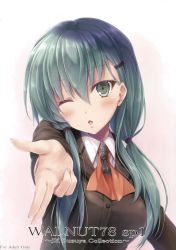 Rule 34 | 10s, 1girl, ;o, absurdres, ascot, blowing kiss, green eyes, green hair, hair ornament, hairclip, highres, kantai collection, long hair, looking at viewer, one eye closed, school uniform, solo, suien, suzuya (kancolle)
