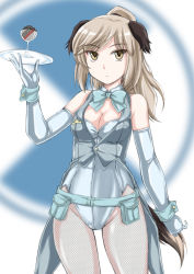 Rule 34 | 1girl, animal ears, belt, blue gloves, bow, bowtie, breasts, brown eyes, cleavage, coattails, cowboy shot, detached collar, dog ears, elbow gloves, fishnet pantyhose, fishnets, glass, gloves, highres, holding, laura nissinen, leotard, light brown hair, long hair, looking at viewer, medium breasts, pantyhose, ponytail, saucer, serious, solo, strike witches, strike witches: aurora no majo, vest, wan&#039;yan aguda, world witches series, wrist cuffs