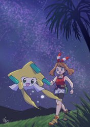 Rule 34 | 1girl, :d, bike shorts, bike shorts under shorts, bow hairband, bracelet, brown hair, clenched hands, commentary, creatures (company), fanny pack, game freak, gen 3 pokemon, grass, green bag, grey eyes, hairband, highres, jewelry, jirachi, legendary pokemon, may (pokemon), mutou610, mythical pokemon, night, nintendo, open mouth, outdoors, palm tree, pokemon, pokemon (creature), pokemon oras, shirt, shoes, short shorts, shorts, silhouette, sky, sleeveless, sleeveless shirt, smile, standing, star (sky), starry sky, tree, walking, white shorts, yellow footwear