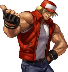 Rule 34 | 1boy, baseball cap, belt, blonde hair, blue eyes, denim, fatal fury, fingerless gloves, gloves, hand on own hip, hat, highres, jeans, king of fighters xiii, long hair, male focus, muscular, official art, ogura eisuke, open clothes, open vest, pants, ponytail, sleeveless, snk, solo, terry bogard, the king of fighters, the king of fighters xiii, transparent background, unzipped, vest