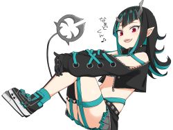 Rule 34 | 1girl, nanashi inc., belt, belt bra, black footwear, black gloves, black hair, black jacket, black skirt, black thighhighs, blue belt, blue hair, blue socks, chest belt, clothing cutout, commentary request, cropped jacket, cross-laced clothes, cross-laced sleeves, demon girl, demon horns, demon tail, flat chest, full body, garter straps, gloves, grey skirt, highres, horns, jacket, layered skirt, long hair, long sleeves, looking at viewer, midriff, migchip, multicolored hair, navel, open clothes, open jacket, open mouth, pointy ears, red eyes, shishio chris, shoes, shoulder cutout, simple background, single thighhigh, skirt, smile, sneakers, socks, solo, sugar lyric, tail, thighhighs, two-tone hair, virtual youtuber, white background, zipper skirt