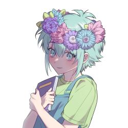 Rule 34 | 1boy, basil (headspace) (omori), basil (omori), blue overalls, blush, book, closed mouth, flower, green eyes, green hair, green shirt, head wreath, highres, holding, holding book, looking at viewer, omori, overalls, shirt, short hair, short sleeves, simple background, smile, solo, torete (70re7e), upper body, white background