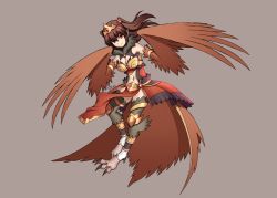 Rule 34 | 1girl, armlet, armor, breasts, brown hair, digitigrade, faulds, feathered wings, fei (ercan dinler17), frills, full body, fur collar, gold trim, hair ornament, harpy, highres, jewelry, large breasts, long hair, looking at viewer, monster girl, navel, necklace, original, pelvic curtain, red eyes, signature, simple background, smile, solo, talons, thighlet, tiara, toe ring, wing ears, winged arms, wings