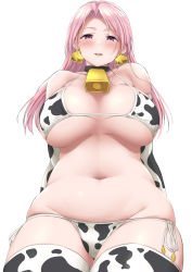 Rule 34 | 1girl, animal print, bare shoulders, bell, bikini, blush, breasts, collarbone, cow print, cow print bikini, cowbell, cowboy shot, curvy, elbow gloves, gloves, highres, kantai collection, large breasts, long hair, looking at viewer, luigi di savoia duca degli abruzzi (kancolle), navel, open mouth, pink eyes, pink hair, print bikini, simple background, smile, solo, swimsuit, takomeshi, thick thighs, thighhighs, thighs, white background, white bikini, white gloves, white thighhighs