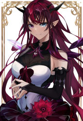 Rule 34 | 1girl, absurdres, blue eyes, breasts, detached sleeves, detached wings, dress, flower, heterochromia, highres, hololive, hololive english, horns, irys (hololive), large breasts, long hair, nail polish, nibiiro (deep 4242), pointy ears, purple eyes, purple hair, purple nails, smile, virtual youtuber, wings
