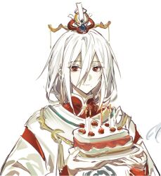Rule 34 | 1boy, bai dici, cake, call of cthulhu, chinese clothes, closed mouth, detached sleeves, food, headdress, holding, holding cake, holding food, long bangs, long sleeves, male focus, mole, mole under mouth, pale skin, red eyes, simple background, smile, solo, white background, white hair, xiaohuaitongxue, xu du chunfeng