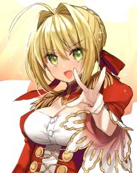 Rule 34 | &gt;:d, 10s, 1girl, :d, ahoge, bad id, bad twitter id, blonde hair, braid, breasts, buttons, cleavage, cleavage cutout, clothing cutout, dress, epaulettes, fate/extra, fate (series), french braid, gambe, green eyes, hair bun, hair intakes, hair ribbon, hand gesture, highres, juliet sleeves, large breasts, long sleeves, looking at viewer, nero claudius (fate), nero claudius (fate) (all), nero claudius (fate/extra), open mouth, outstretched arm, puffy sleeves, red dress, red ribbon, ribbon, single hair bun, smile, solo, sparkle, upper body, v, v-shaped eyebrows, wide sleeves