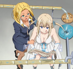 Rule 34 | 10s, 2girls, :q, amagi brilliant park, aqua eyes, ashe (amaburi), bare shoulders, black footwear, blonde hair, blue eyes, breasts, brown hair, brown legwear, cleavage, collared shirt, facing viewer, formal, from above, glasses, gradient background, grey background, highres, licking lips, long hair, medium breasts, miniskirt, multiple girls, nagashi soumen, navel, no bra, open mouth, screencap, shirt, simple background, skirt, skirt suit, squid, suit, sylphy (amaburi), tongue, tongue out, twintails, two side up, white shirt